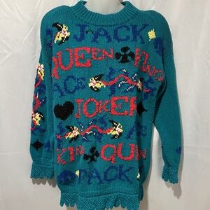 Teal Vegas Sweater Hand Knit Cotton Crochet Cuff Queen King Jack Joker Gambler